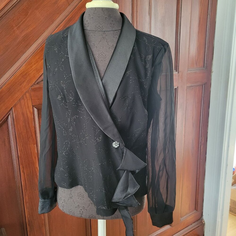 Another Thyme Vintage  Black Chiffon Embroidered Wrap Blouse With Satin Collar &